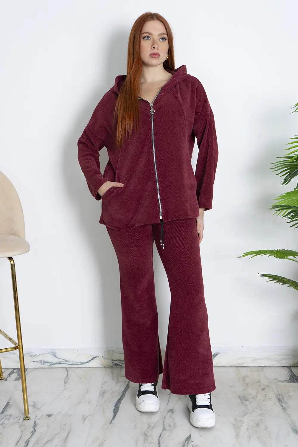 Completo Donna Vellutino Con Cappuccio e Pantalone a Zampa Art.2494